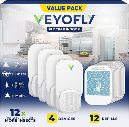 VEYOFLY Fly Trap Indoor, Fruit Fly Traps for Indoors, (4 Device + 12 Refills) Gnat Traps for House Indoor, Fly Catcher Indoor, Plug in Light Flying Insect Trap, Bug Light Killer, Fly Trap