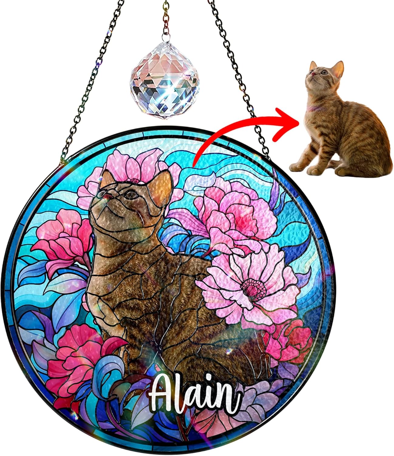 Personalized Pet Stained Glass Suncatcher Custom Name Pet Photo Ornament Window Hanging Holiday Home Decor Sympathy Gift for Loss of Dog Cat Memorial Keepsake Remembrance Gift for Dog Lovers