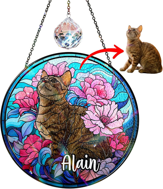 Personalized Pet Stained Glass Suncatcher Custom Name Pet Photo Ornament Window Hanging Holiday