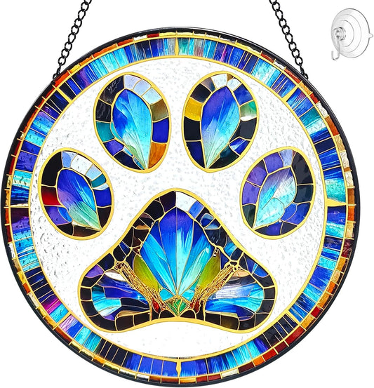 Paw Print Suncatcher Stained Glass Window Hanging - 8” Paw Print Stained Glass Suncatchers for