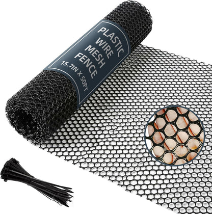 Plastic Wire Mesh Fence, 15.7IN x 50FT Versatile Fencing Netting for Poultry and Animal Barrier With 150 Zip Ties - Garden & Farm, Black
