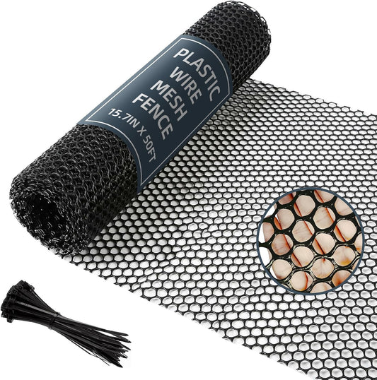 Plastic Wire Mesh Fence, 15.7IN x 50FT Versatile Fencing Netting for Poultry and Animal Barrier With 150 Zip Ties - Garden & Farm, Black