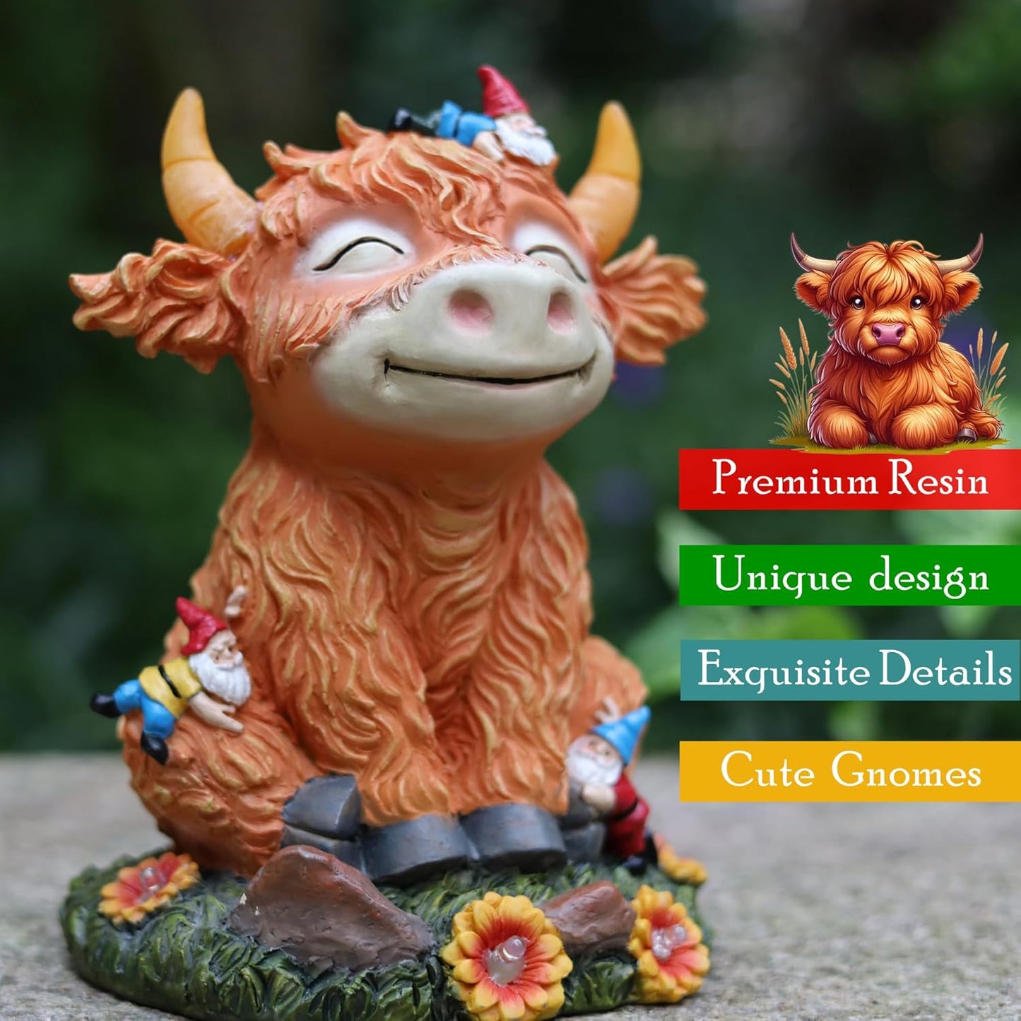 Solar Garden Statue Highland Cow Figurine with Funny Gnomes Garden Outdoor Decor for Yard Patio Lawn Christmas Housewarming Gifts for Women,Mom,Grandma (Yellow)
