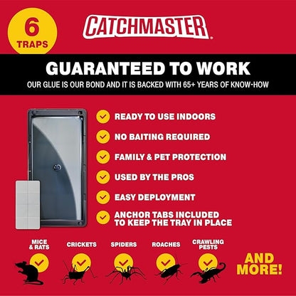 Catchmaster Rat & Mouse Glue Traps with Sticky Putty 6Pk, Large Bulk Glue Board, Rat & Mouse Traps Indoor for Home, Adhesive Plastic Tray for Snakes, Mice & Spiders, Pest Control for House & Garage