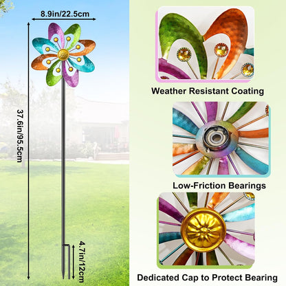 Metal Wind Spinners Outdoor, 360° Wind Sculpture Spinner with Metal Stake, Waterproof Spinners Green Kinetic Wind Spinner for Yard Lawn Decor (A- Colourful 2PC)