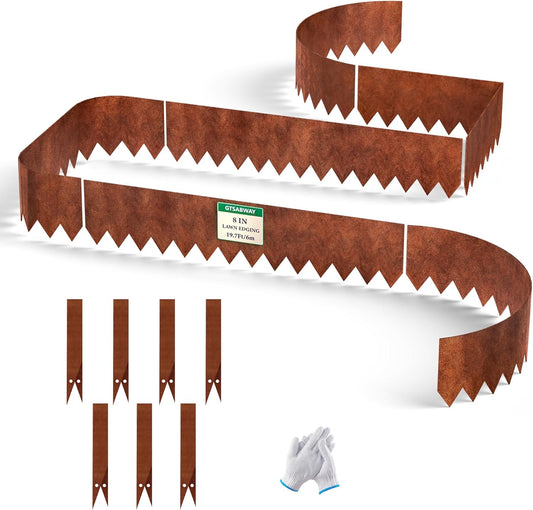 19.7ft.Cor-Ten Weathering Steel Landscape Edging(6 Pack)-8"x39.4"- Pre-Rusted Garden Edging with 7 Clips & Gloves - Durable,Flexible, Easy-to-Install for Landscaping,Tree Rings,Lawn & Garden