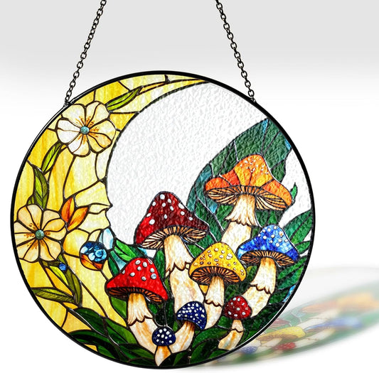 7.8" Mushrooms Stained Glass, Suncatcher for Window Hanging, Suncatcher Art Decor for Home Garden