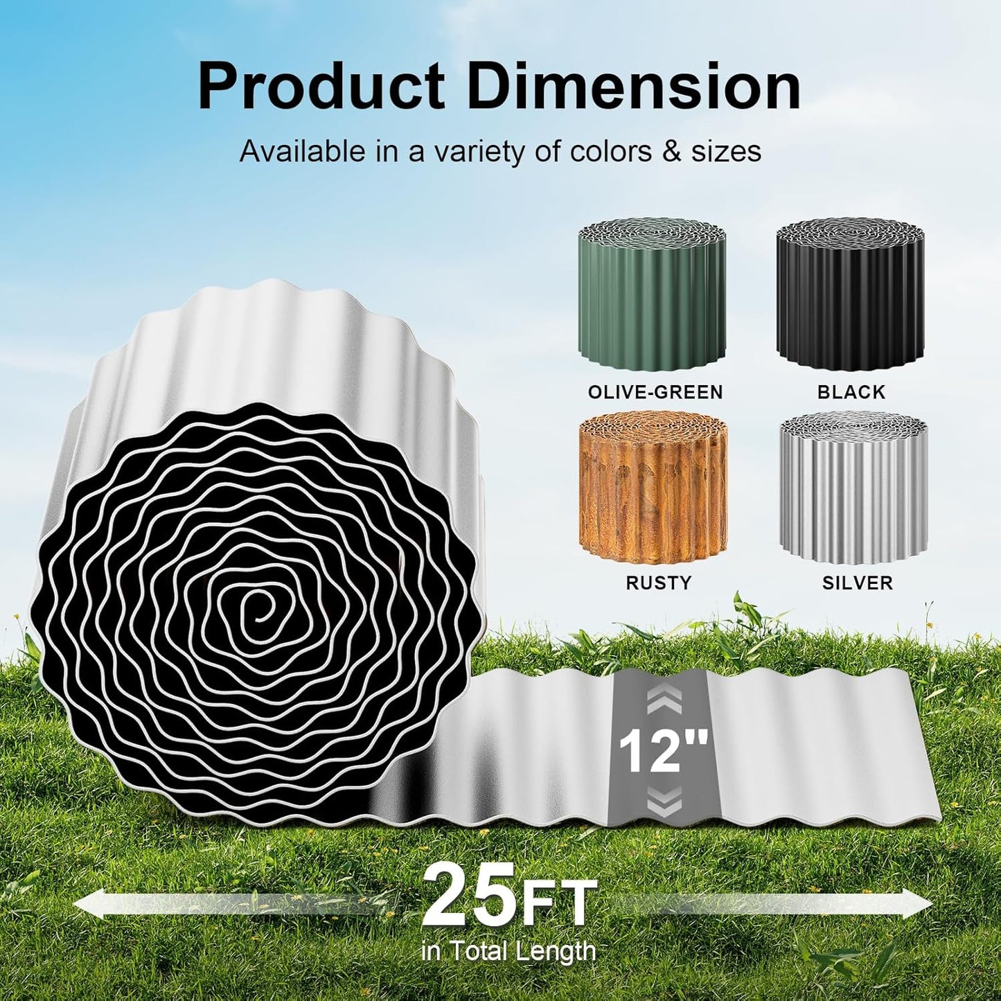 Land Guard Corrugated Garden Edging Border, 12" × 25' Landscape Paver Edging, Tall Landscape Edging, Fence for Garden, Flower Bed, Lawn and Landscape Edging (Silver)