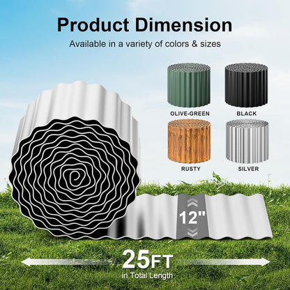 Land Guard Corrugated Garden Edging Border, 12" × 25' Landscape Paver Edging, Tall Landscape Edging, Fence for Garden, Flower Bed, Lawn and Landscape Edging (Silver)