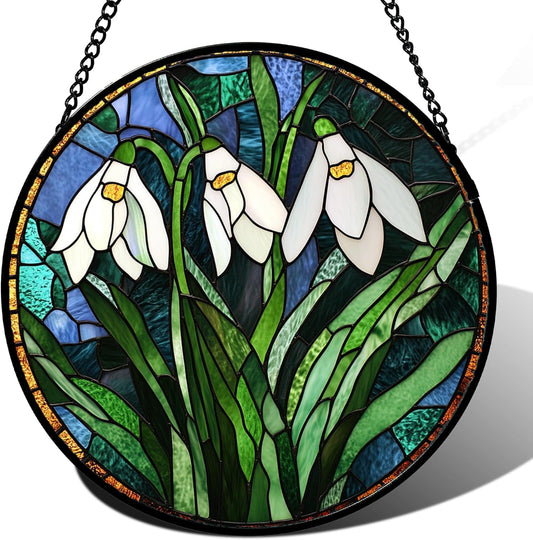 Stained Glass Window Hanging - Green Plants Birth Flowers Suncatcher for Doors Garden Patio Sun