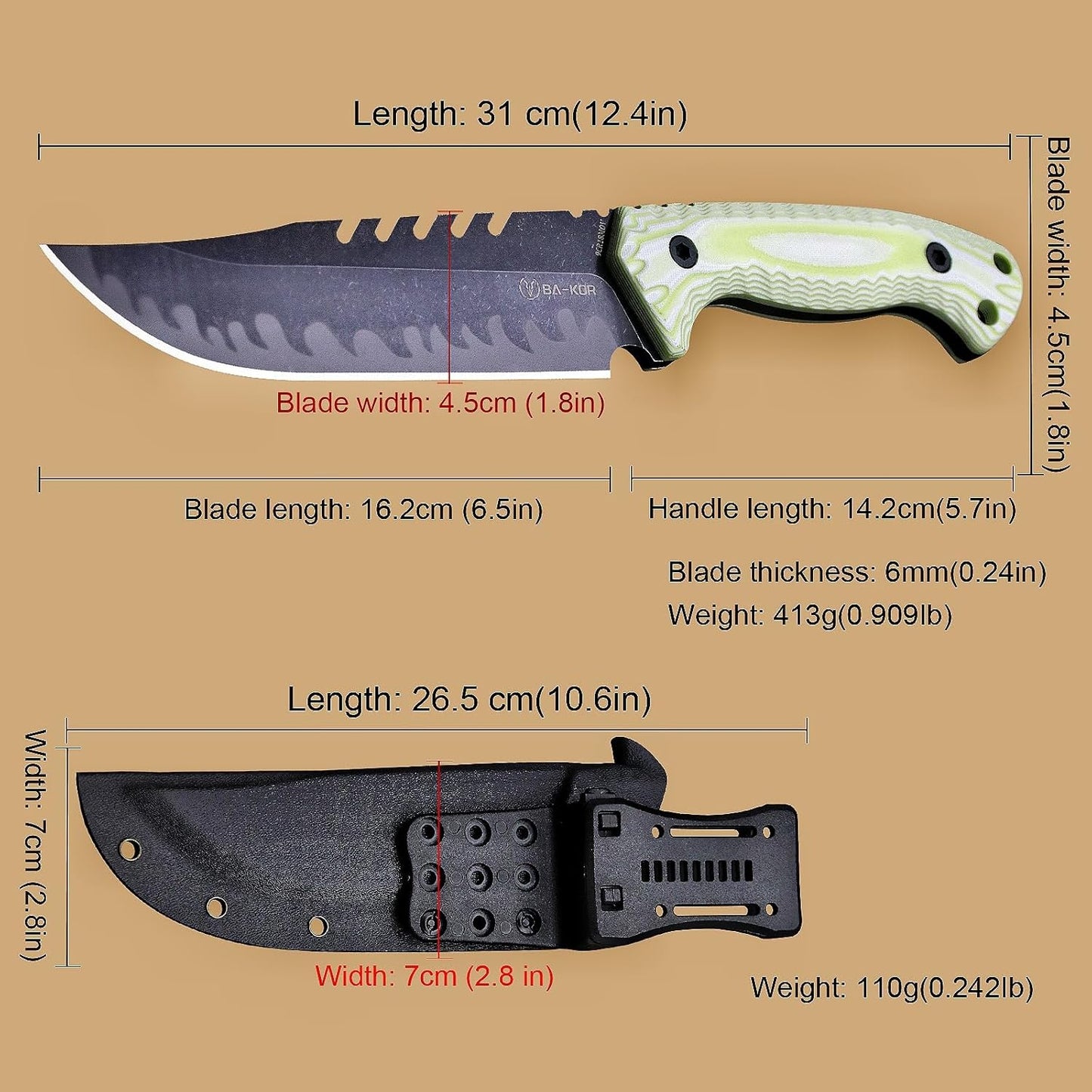 BA-KOR 12.4in Full Tang Fixed Blade Hunting Knife – 6mm 9CR18MoV Steel, G10 Handle, Stonewashed Sawback Blade with Kydex Sheath & Fire Starter for Outdoor, Camping, Survival (White with light green stripes)