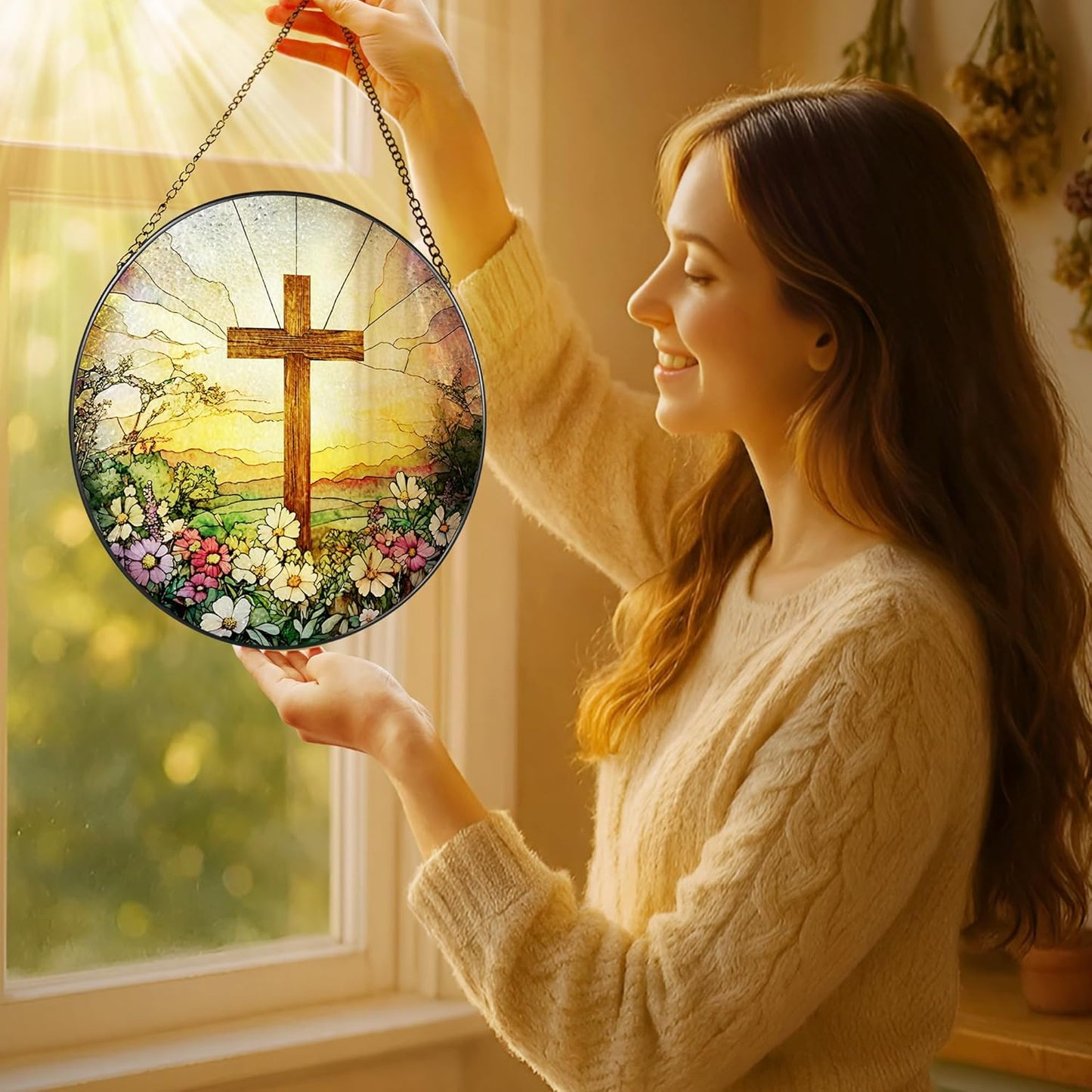8 Inch Stained Glass Cross & Wildflowers Suncatcher Christian Hanging Ornament Gift for Religious Occasions