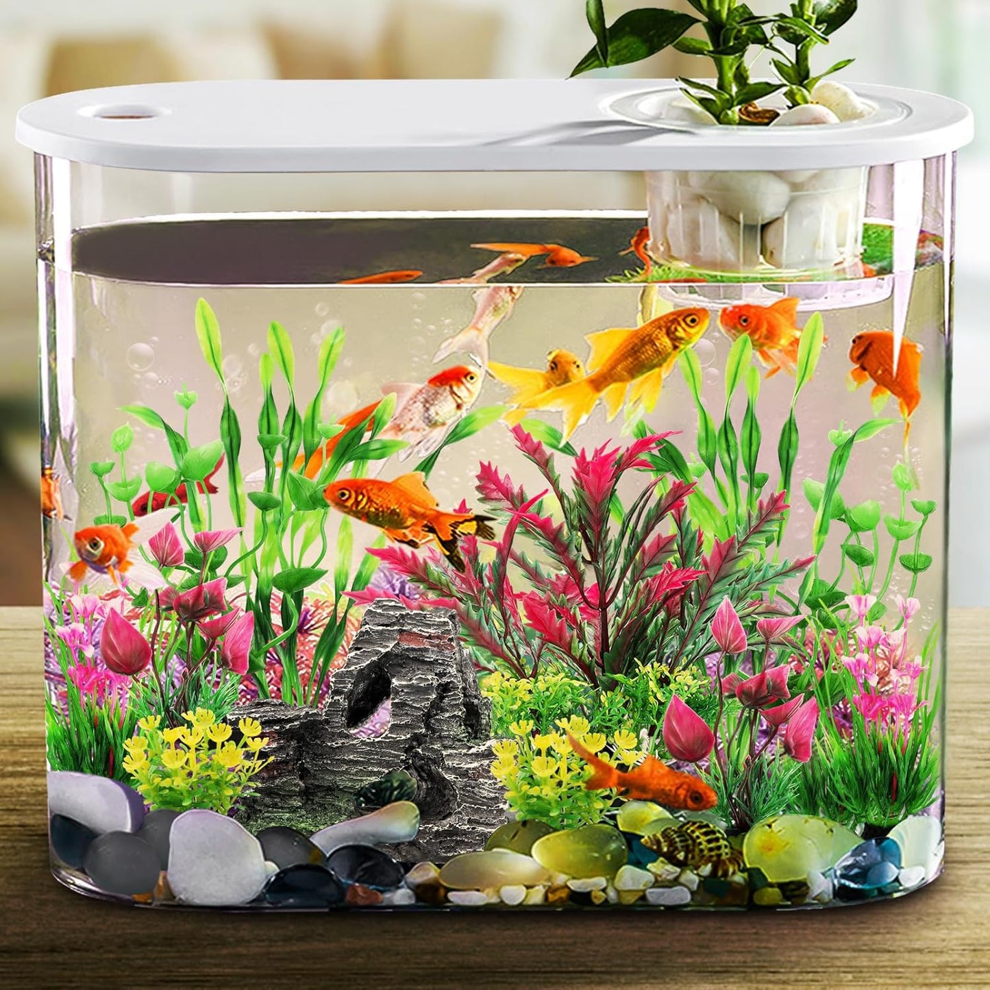 Fish Tank Accessories Aquarium Plants, 12pcs Colorful Fish Tank Artificial Plants and Cave Rock Decor Set, Aquarium Decorations Plants
