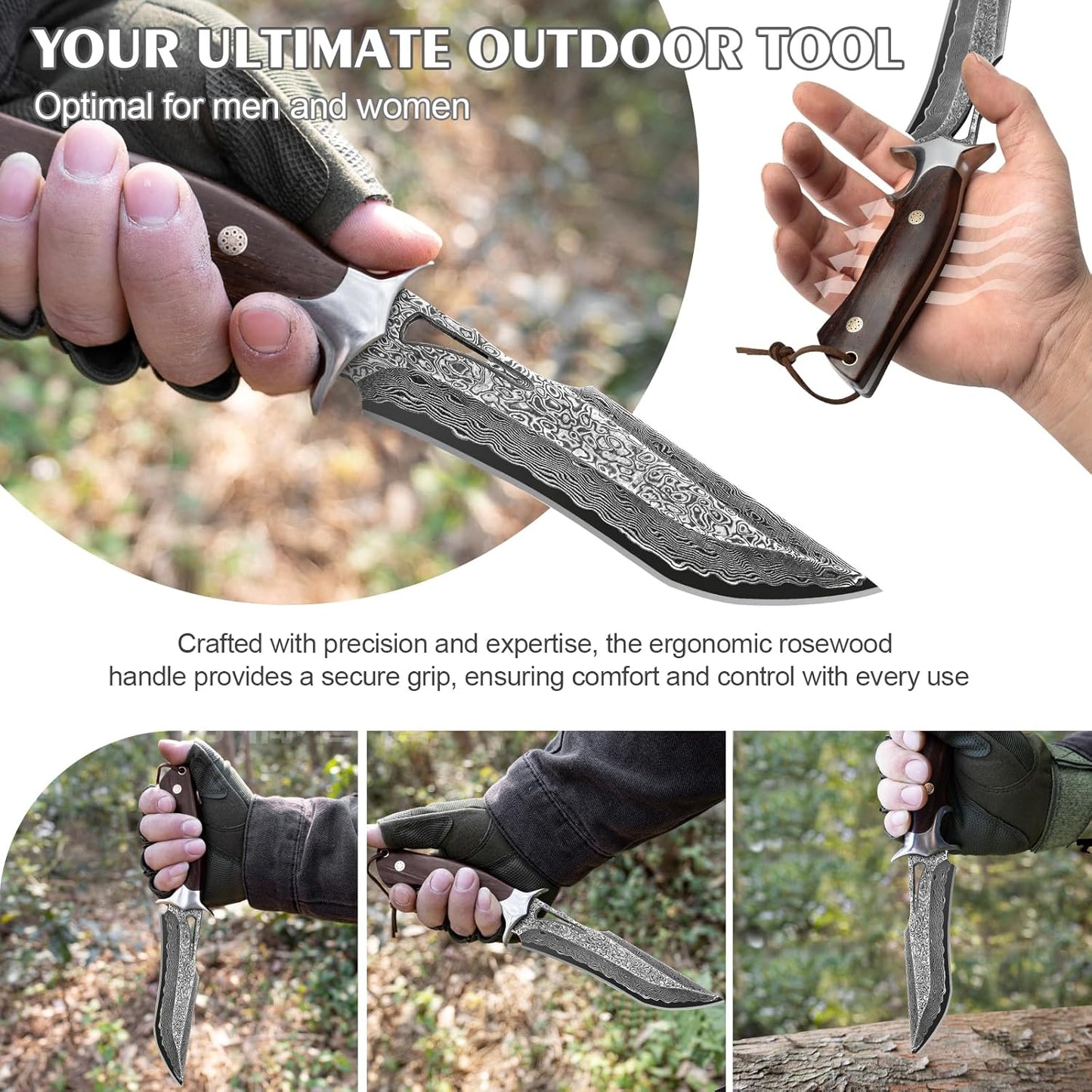 Handmade Damascus Hunting Knife,10.4"Fixed Blade Bowie Knife with Leather Sheath,Real Damascus Steel Knives with VG10 Core &Wood Handle,EDC Full Tang Knives for men women, Adventure,Survival,Hiking,Camping