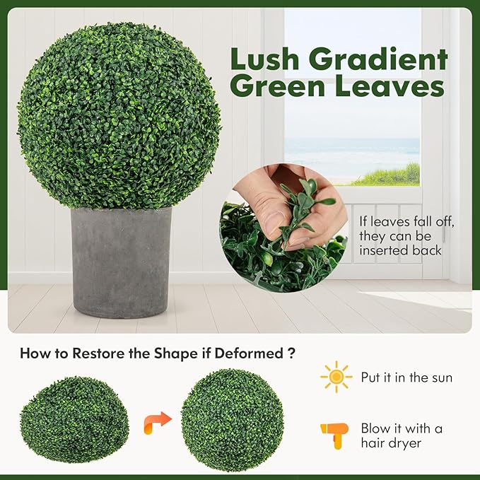 Goplus 2 PCS 20 Inch Artificial Plant Topiary Ball, Round Faux Boxwood Balls Outdoor, Fake Plant Sphere for Front Door, Porch, Backyard, Balcony, Patio, Garden, Wedding and Home Décor