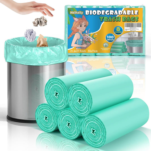 Biodegradable Medium Trash Bags 8 Gallon - Compostable Clear Green Garbage Bags Unscented 100 Count