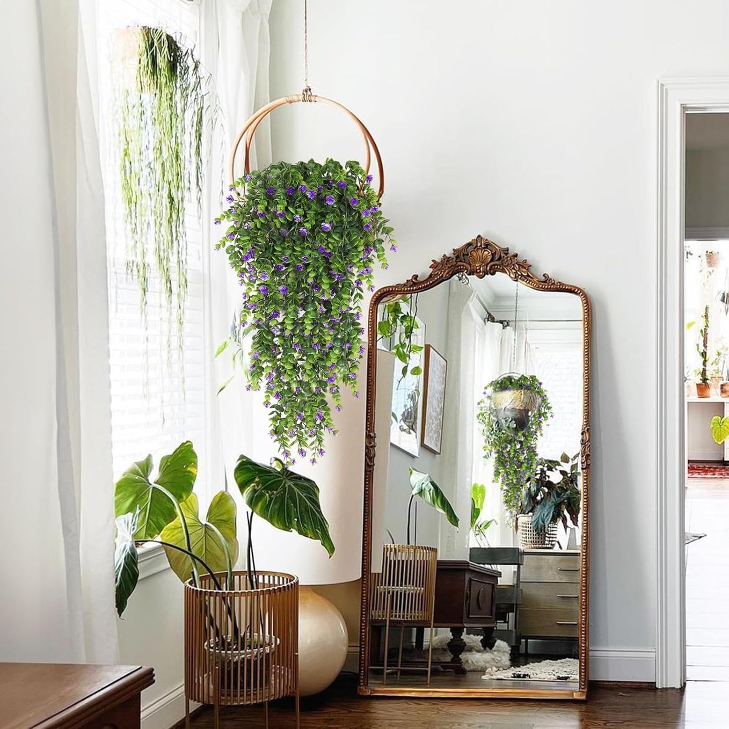 RECUTMS Artificial Hanging Plants 4 Pack Faux Eucalyptus with Flowers Fake Ivy Vine Leaf Plastic Greenery for Wall House Garden Wedding Indoor Outdoor Decoration Purple