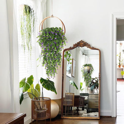 RECUTMS Artificial Hanging Plants 4 Pack Faux Eucalyptus with Flowers Fake Ivy Vine Leaf Plastic Greenery for Wall House Garden Wedding Indoor Outdoor Decoration Purple