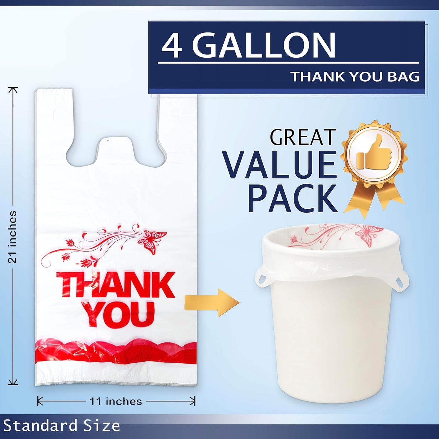 4 Gallon Small Trash Bags with Handles – 100 Count, 11" x 21" Plastic Garbage Bags for Home, Kitchen, Office, Bathroom – Thank You T-Shirt Style Bags for Small Business, Takeout, Grocery Use
