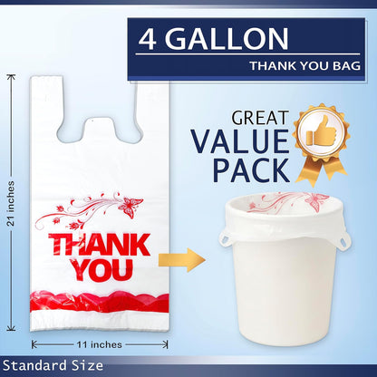 4 Gallon Small Trash Bags with Handles – 100 Count, 11" x 21" Plastic Garbage Bags for Home, Kitchen, Office, Bathroom – Thank You T-Shirt Style Bags for Small Business, Takeout, Grocery Use