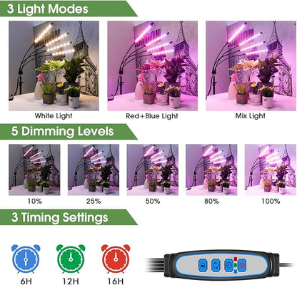 Wolezek Plant Light for Indoor Plants, 4-Head 80 LED Full Spectrum Grow Lights for Seed Starting with 15-61 inches Adjustable Tripod Stand, Red Blue Warm White Floor Grow Lamp with Auto 6/12/16H Timer