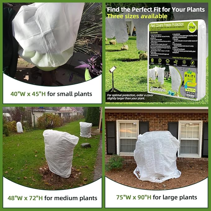 2 Pack Plant Covers Freeze Protection, 48"W x 72"H Winter Frost Blanket 2.36 oz/yd² Fabric Frost Cloth Tree Covers Shrub Jacket Bag with Zipper & Drawstring for Plants Fruit Tree Shrub Potted - White