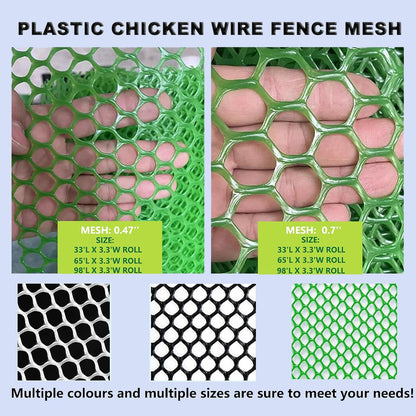 Upgraded Plastic Chicken Wire Fence Mesh 0.7in Poultry Animal Barrier Fence Garden Netting for Farm Poultry Chicken Netting Width 3.3ft(Size:65'L x 3.3'W Roll,Color:Green)