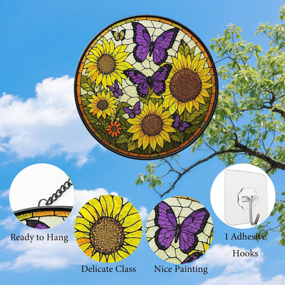Sunflower Butterfly Suncatchers Stained Glass for Windows Hanging - 8'' Sun Catchers Indoor Window - UV-Print Stain Glass Window Hanging for Home Decor, Wall Art, Gifts for Mom