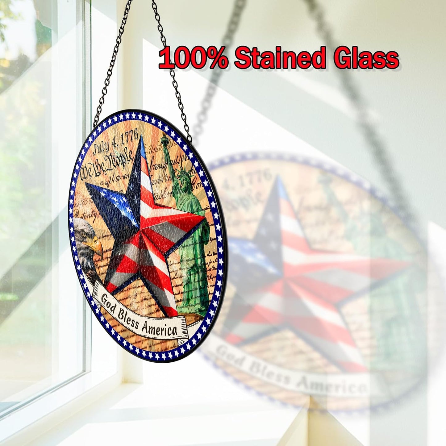 7.8" Patriotic Suncatcher Stained Glass 4th of July Window Hanging, Independence Day Decoration Welcome Sign Patriotic Holidays Home Decor Outdoor and Indoor Red White Blue American Flag HS287-SG8