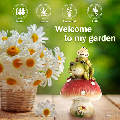 Leekung Turtle Riding Frog Sitting On Mushroom for Garden Decor, Frog Statue&Mushroom Figurines for Outdoor Garden Backyard Yard Porch Patio Lawn, Spring Decorations Gardening Gifts for Women Unique
