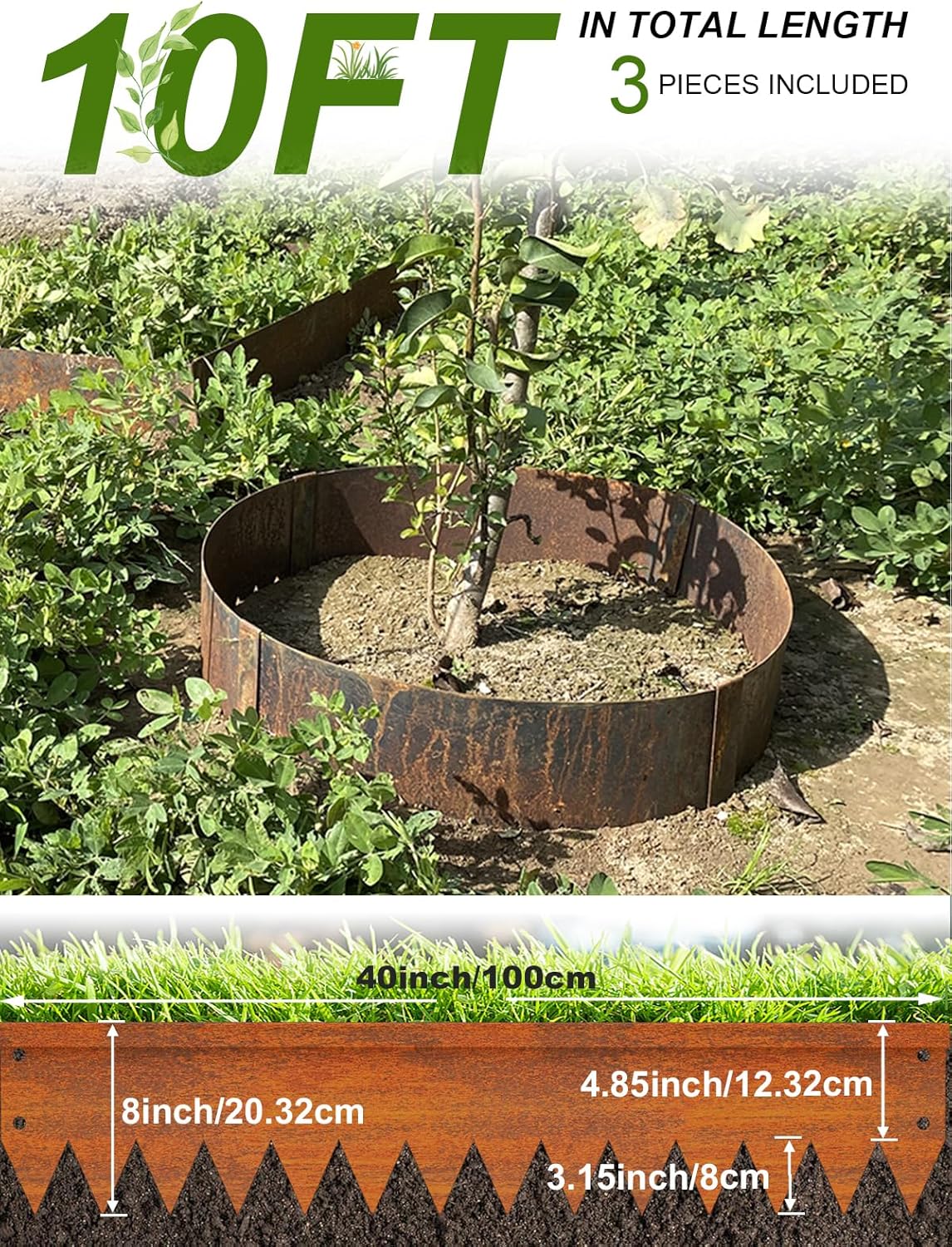 Landscape Edging Border, 40" L x 8" H 3Pack(10FT Total Rusted Corten Steel Garden Edging with Spikes, Sturdy Elegant Metal Lawn Broder for Flower Beds, Pathways, Paver Edges and Yard