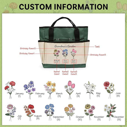 Personalized Garden Tools Set for Women: Custom Text Garden Tool Bag and Garden Shovel & Transplant Shovel & Hand Rake - Gardening Gifts for Mom Grandma Gardening Lover (3 Flowers)