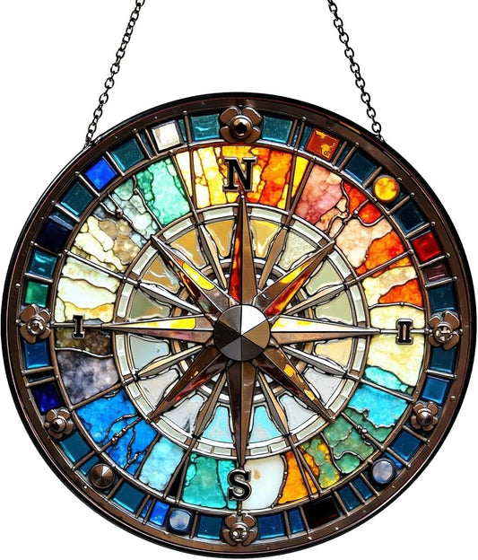 Compass Stained Glass Window Hanging Compass Sun Catcher Decor New House Decor Christmas
