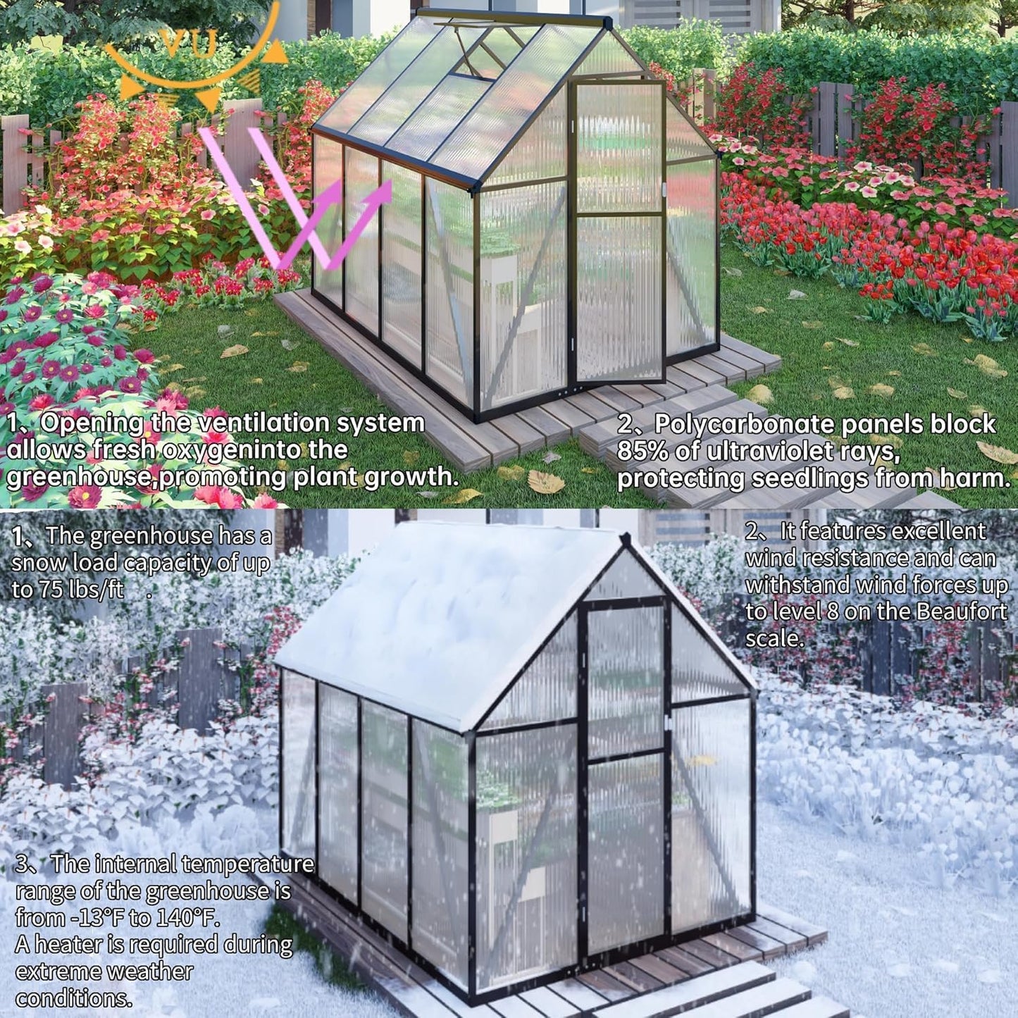 CQZY 6x6 FT Walk-in Greenhouse for Outside,Dark Gray