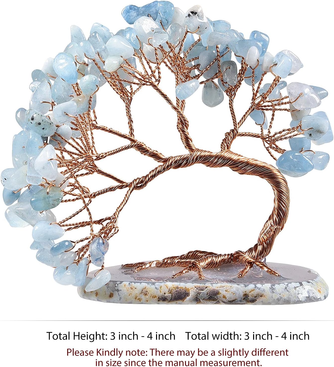 TUMBEELLUWA Reiki Crystal Money Tree with Agate Slice Base Feng Shui Stone Bonsai Tree Figure Decor for Happiness Good Luck and Wealth, Aquamarine
