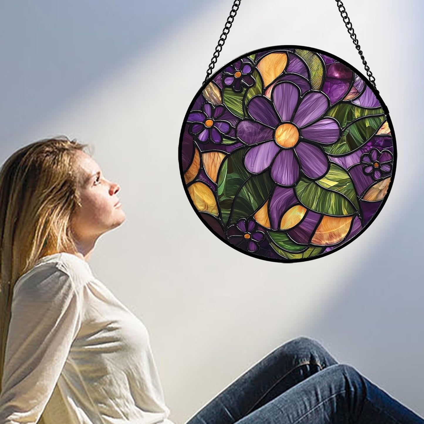 Stained Glass Window Hanging, Purple Green Flowers Sun Catcher for Door Home Decor Plants Suncatcher Christmas Mother's Day Birthday Gifts for Women Men Mom and Nana 6.3 in