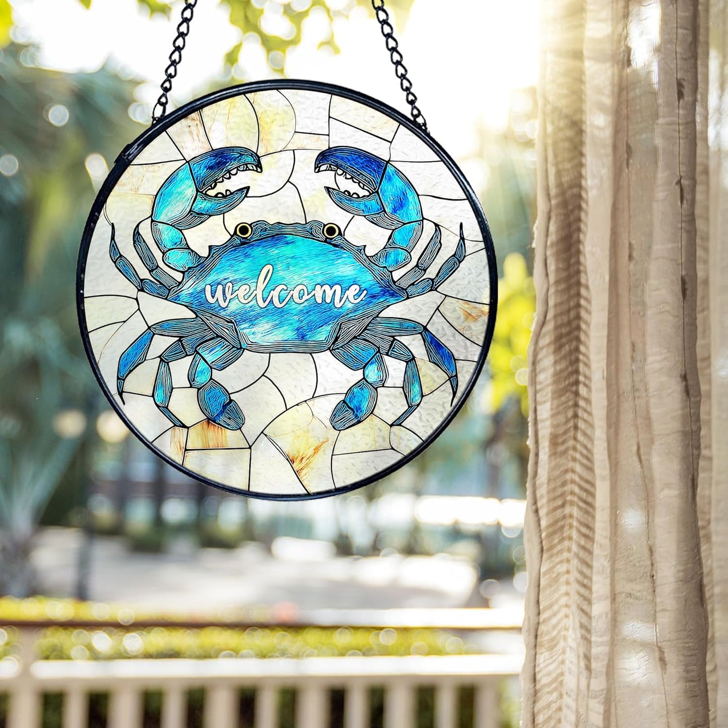 kdqua Coastal Beach Crab Welcome Suncatcher Stained Glass Window Hanging, Ocean Marine Crab Sun Catchers Indoor Window Glass Round Wall Decor, Beachy Wall Art Hanging Decorations Statues, 7.9x7.9in