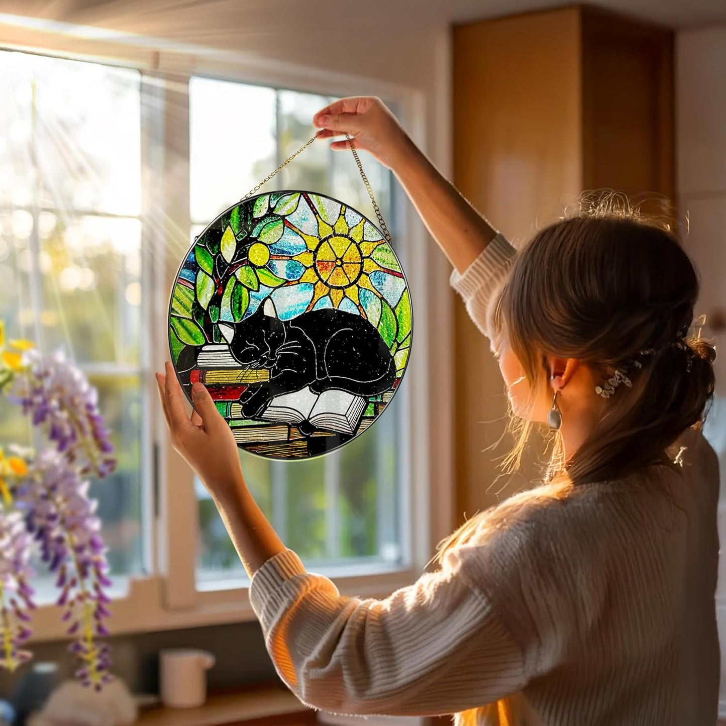 Stained Glass Window Hanging, 8 Inch Black Cat on Book Stained Glass Suncatcher, Window Decor Hanging, Cat Lover Gifts, Reading Decor, Bookish Gift, Librarian Gift, Book Lover Gifts