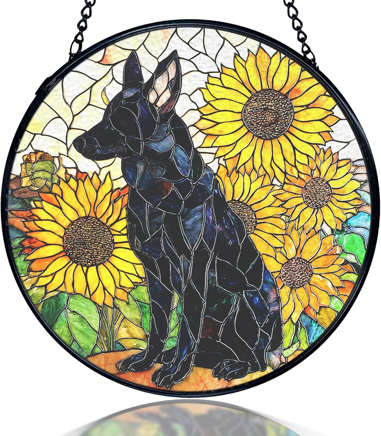 kdqua German Shepherd Sunflower Suncatcher Stained Glass Window Hanging, German Shepherd Gifts Sun Catchers Indoor Window Glass Round Wall Decor, Dog Wall Art Hanging Decorations Statues, 7.9x7.9in