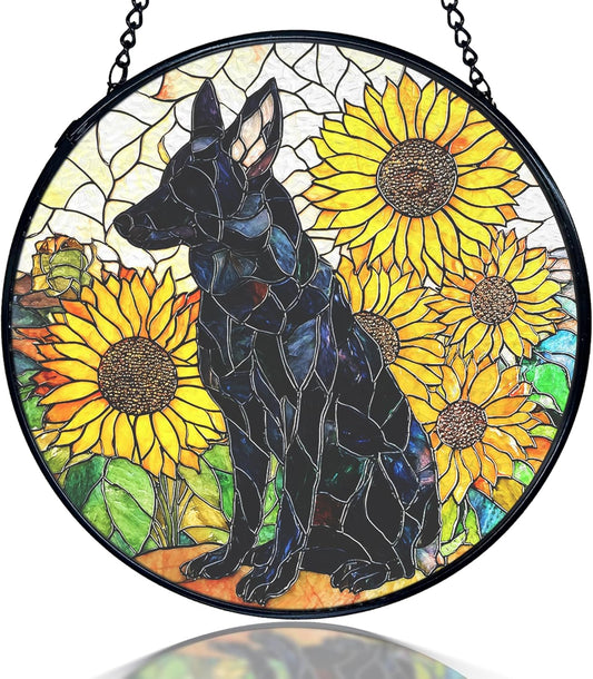 kdqua German Shepherd Sunflower Suncatcher Stained Glass Window Hanging, German Shepherd Gifts Sun