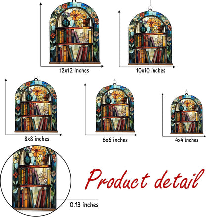 Floral Bookshelf Bookish Acrylic Suncatcher Stained Glass Effect Window Car Hanging Christmas Ornament Indoor Outdoor Decor Garden Bookworm Sun Catcher Book Lover for Women Mom Grandma