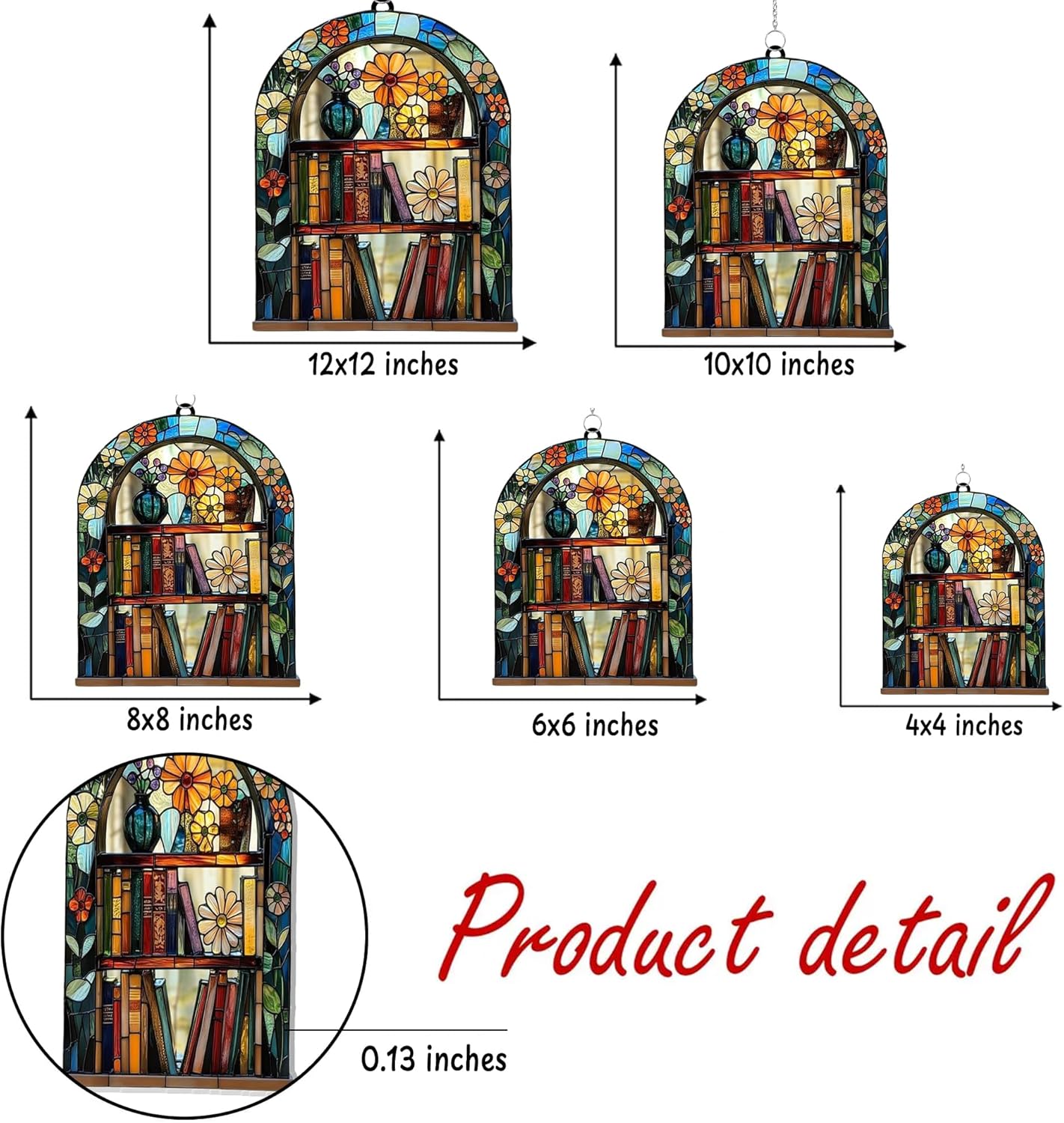 Floral Bookshelf Bookish Acrylic Suncatcher Stained Glass Effect Window Car Hanging Christmas Ornament Indoor Outdoor Decor Garden Bookworm Sun Catcher Book Lover for Women Mom Grandma