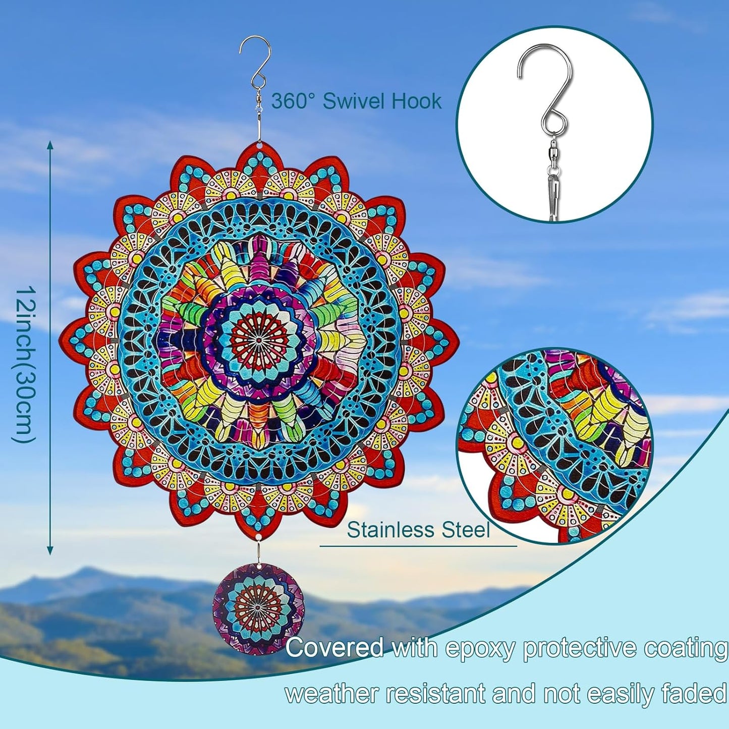 TUOKING Mandala Wind Spinners Outdoor Metal 3D Hanging Art Wind Spinner 12 Inch Stainless Steel for Yard and Garden Decoration Worth Gift for Women