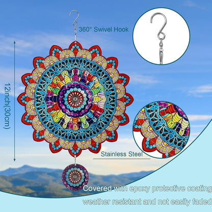 TUOKING Mandala Wind Spinners Outdoor Metal 3D Hanging Art Wind Spinner 12 Inch Stainless Steel for Yard and Garden Decoration Worth Gift for Women