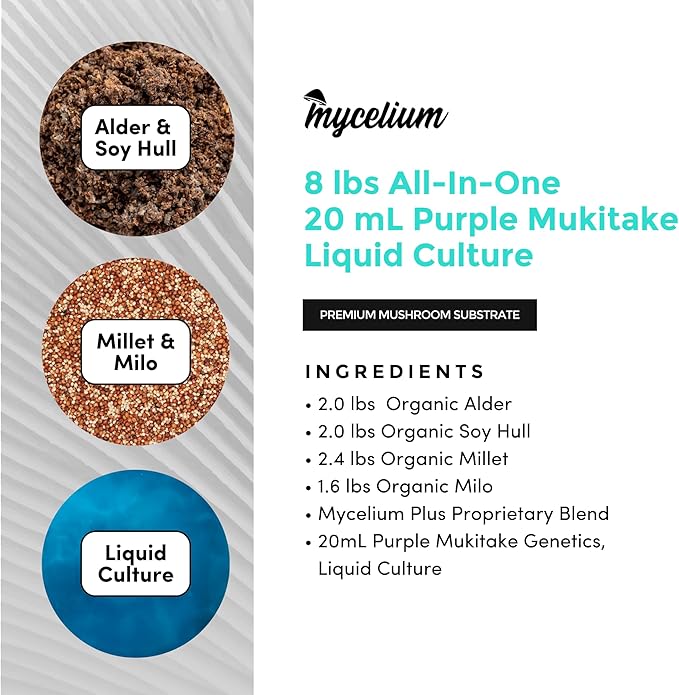 Gourmet Functional Alder & Soy Hull Blend with Mycelium Plus Grains - Milo/Millet 60/40-8lbs Combo | Purple Mukitake Gourmet - 8LBS All-in-One & 20ML Syringe