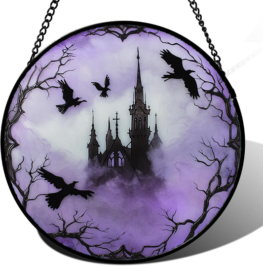 Stained Glass Window Hanging - Halloween Gothic Castle Purple Smoke Suncatcher for Doors Garden