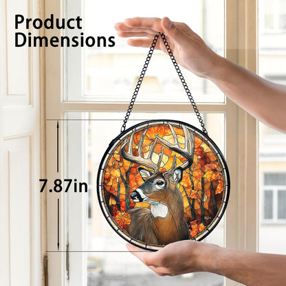 TNUW Fall Deer Stained Glass Window Hanging, Rustic Autumn Forest Wildlife Deer Sun Catchers Indoor Window Glass Round Wall Art Decor, Fall Wall Hanging Decorations, 7.9＂x7.9＂