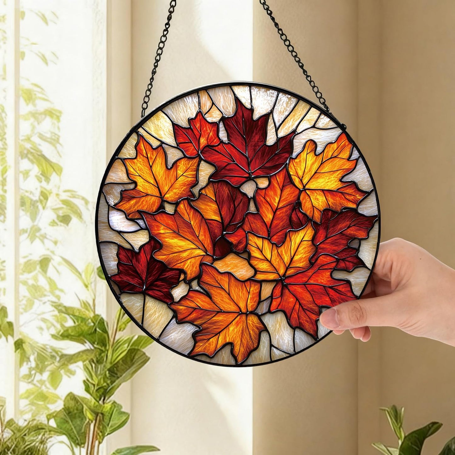 Rustic Autumn Maple Leaves Suncatcher -7.9 in Stained Glass Window Hanging Sun Catcher Garden Decor