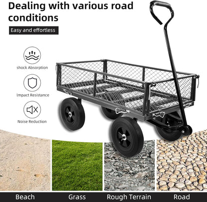 Heavy Duty 480 Lbs Capacity Mesh Steel Garden Cart Folding Utility Wagon with Removable Sides (Black)