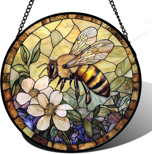 Stained Glass Window Hanging, Vintage Bee Yellow Flower Sun Catcher for Window Door Home Decor Suncatcher Christmas Mother's Day Birthday Gifts for Women Men Mom and Nana 6.3 in
